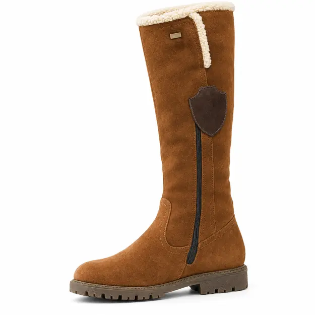 Bottes femme marron à finition veloutée et zip, détail du zip et de la bordure fourrée