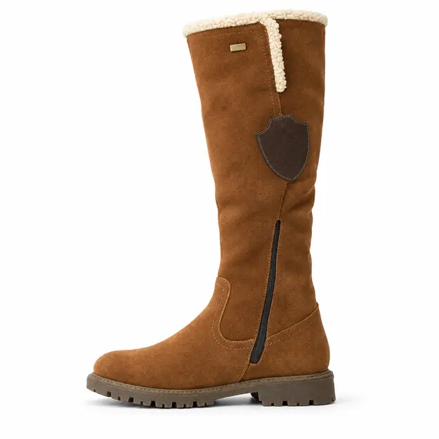 Bottes femme marron à finition veloutée et zip, vue de profil sur fond blanc