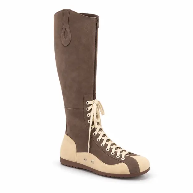 Bottes femme marron à lacets contrastants et zip, vue de trois quarts sur fond blanc