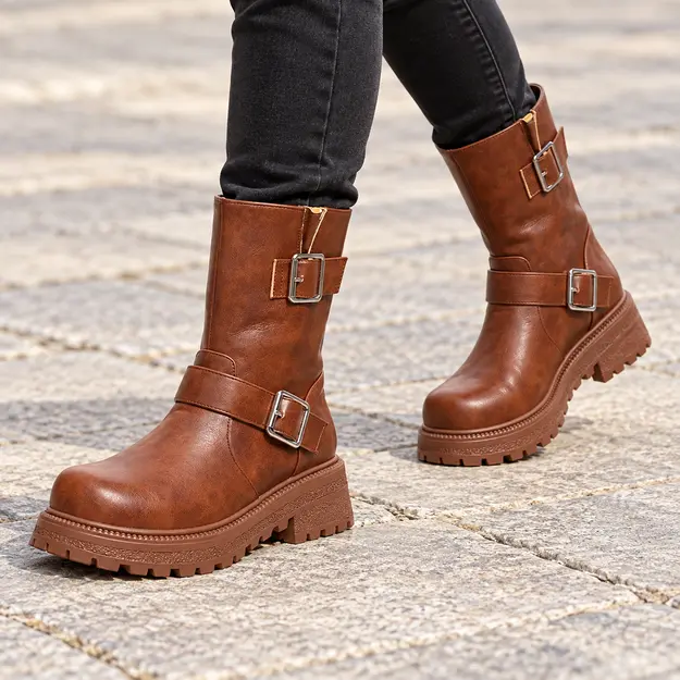 Bottes femme marron à talon carré style motard, portées en marchant avec un pantalon sombre