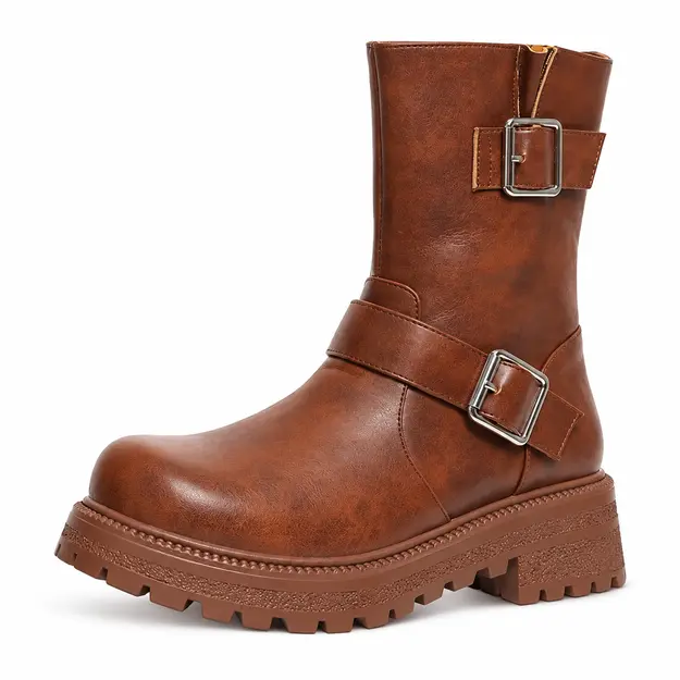Bottes femme marron à talon carré style motard, vue de profil sur fond blanc
