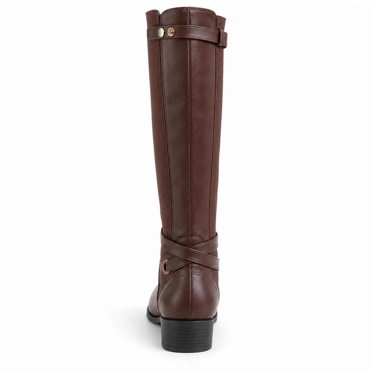 Détail du zip latéral et des brides sur bottes pour femme marron café