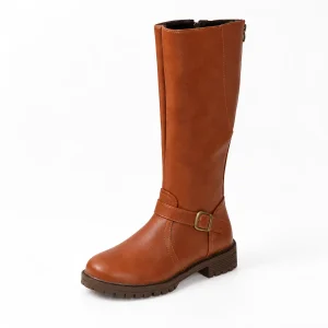Bottes femme marron clair fourrées à boucle et talon carré élégantes