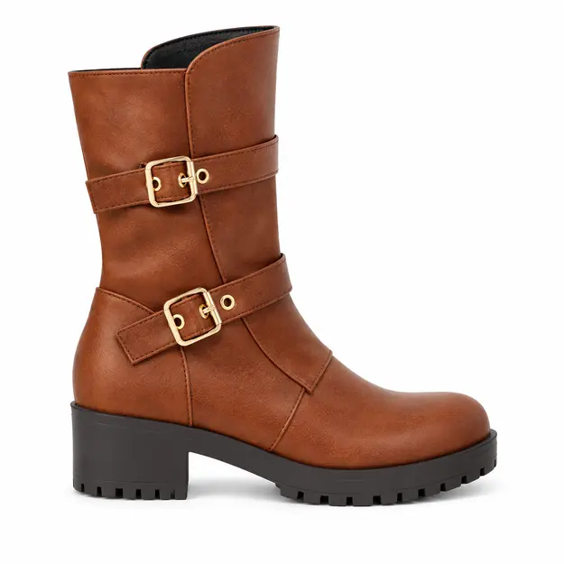 Bottes femme marron cognac à doubles boucles, vue de profil sur fond blanc