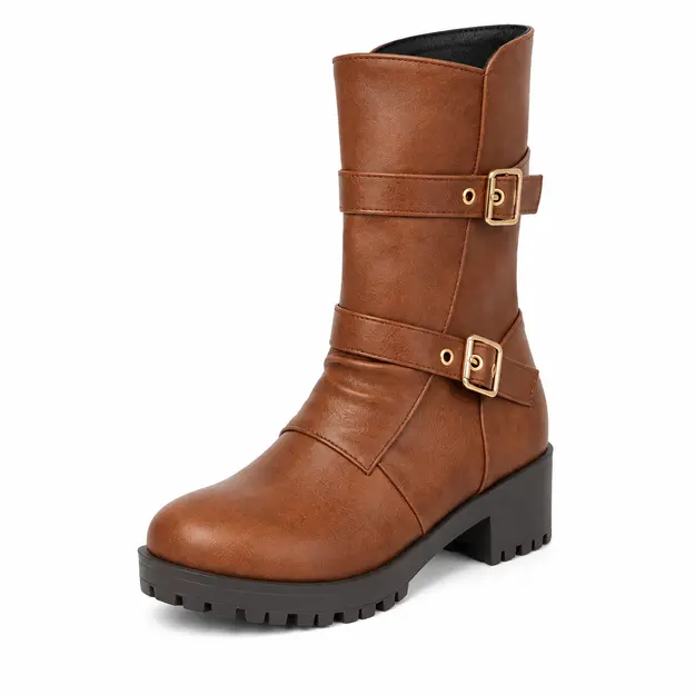 Bottes femme marron cognac à doubles boucles, vue de trois quarts sur fond blanc