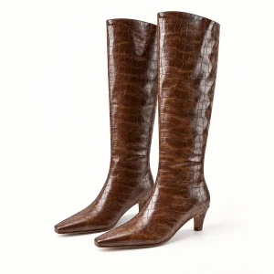Bottes femme marron effet croco avec petit talon élégantes