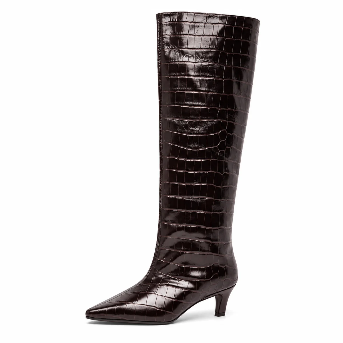 Bottes femme marron effet crocodile à talon fin élégantes