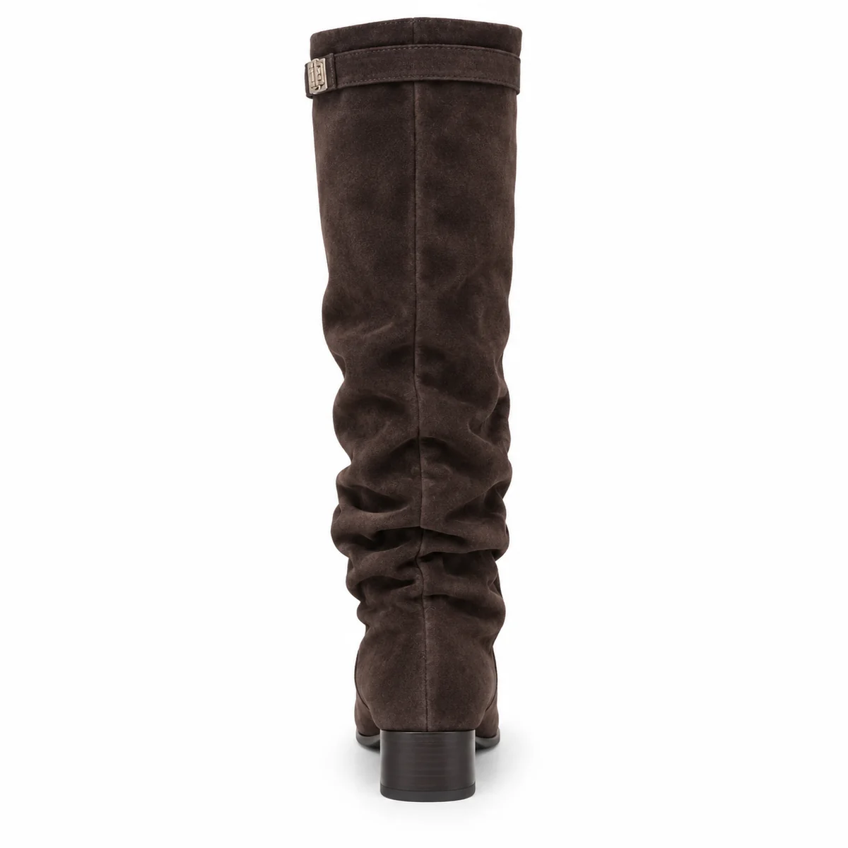 Vue frontale des bottines femme marron en suédine à boucle