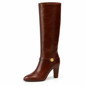 Bottes femme marron fourrées avec boucles métalliques et talon carré