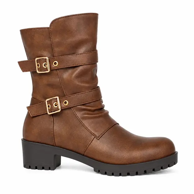 Bottes femme marron fourrées à doubles boucles, vue de profil sur fond blanc