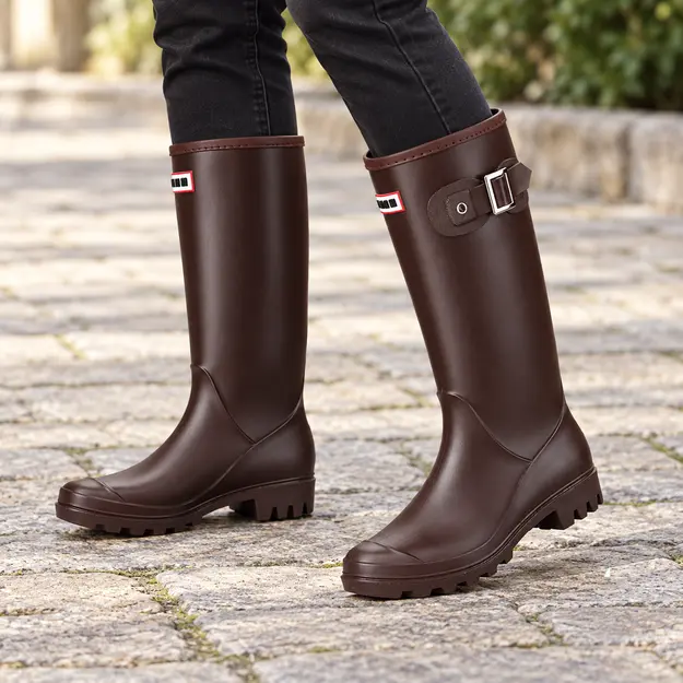 Bottes femme marron hautes à boucle, portées en marchant avec un pantalon sombre