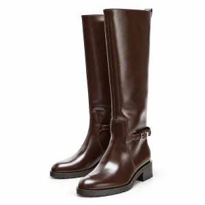 Bottes femme marron hautes avec bride et semelle crantée pour un style élégant