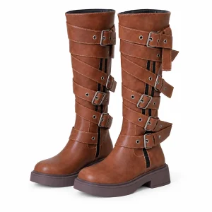 Bottes femme marron hautes à quatre brides élégantes en cuir