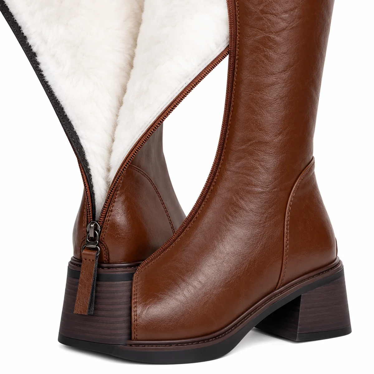 Chaussures hautes pour femme en cuir marron avec zip et talon carré