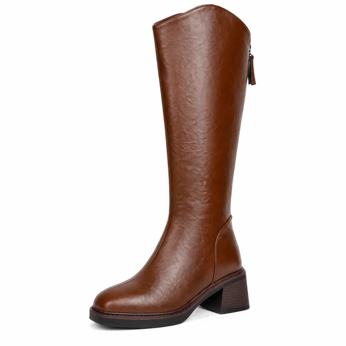 Bottes femme marron hautes à zip et talon carré élégantes