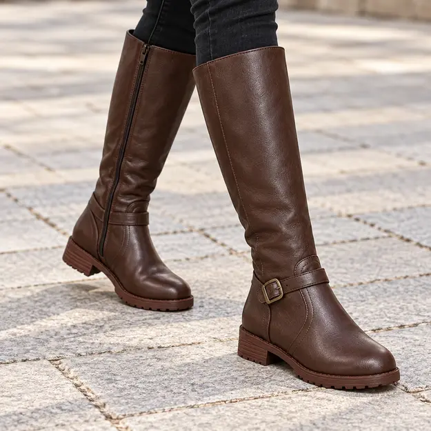 Bottes femme marron hautes au style vintage, portées en marchant avec un pantalon sombre