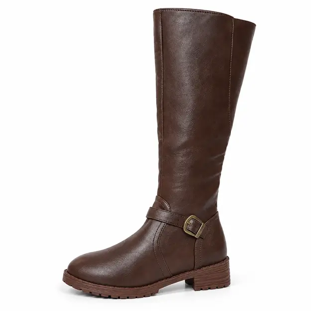 Bottes femme marron hautes au style vintage, vue de profil sur fond blanc