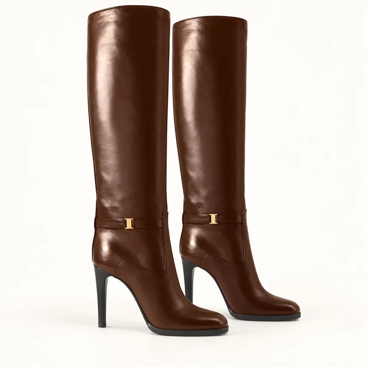 Bottes femme marron lisses à haut talon fin élégantes pour la saison automne