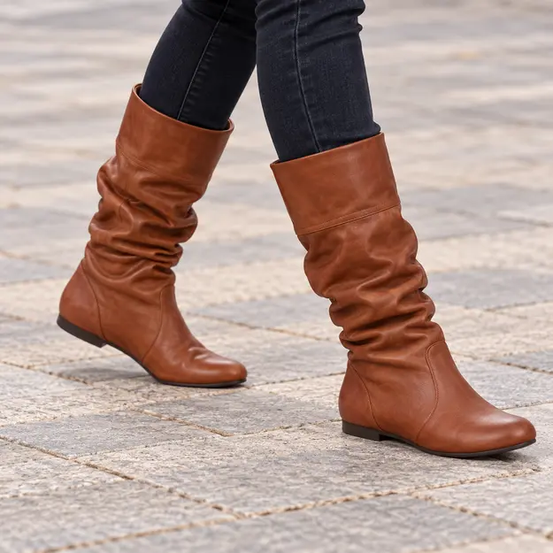 Bottes femme marron plissées à enfiler, portées en marchant avec un pantalon sombre