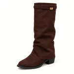 Bottes femme marron profond plissées avec boucle et talon carré