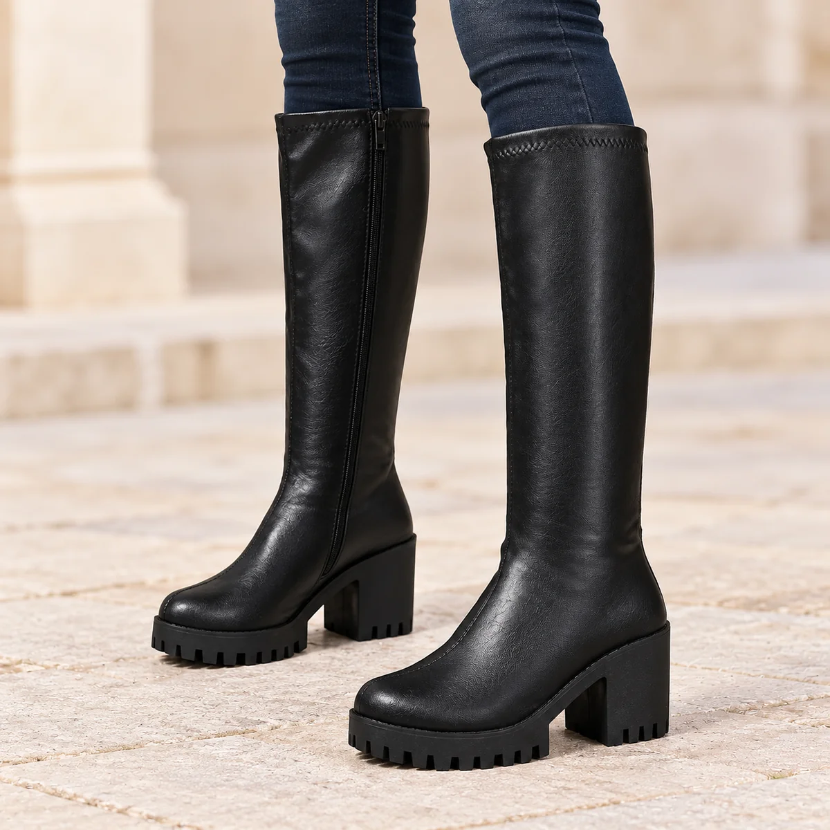 bottes femme noir similicuir a talon carre et zip lot18b porte