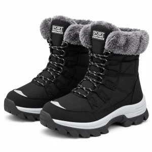 Bottes femme noires à col fourré gris avec lacets élégantes