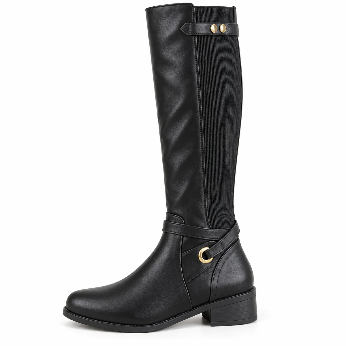 Bottes femme noires à empiècements et anneau doré – Image 3