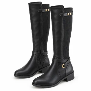 Bottes femme noires à empiècements et anneau doré