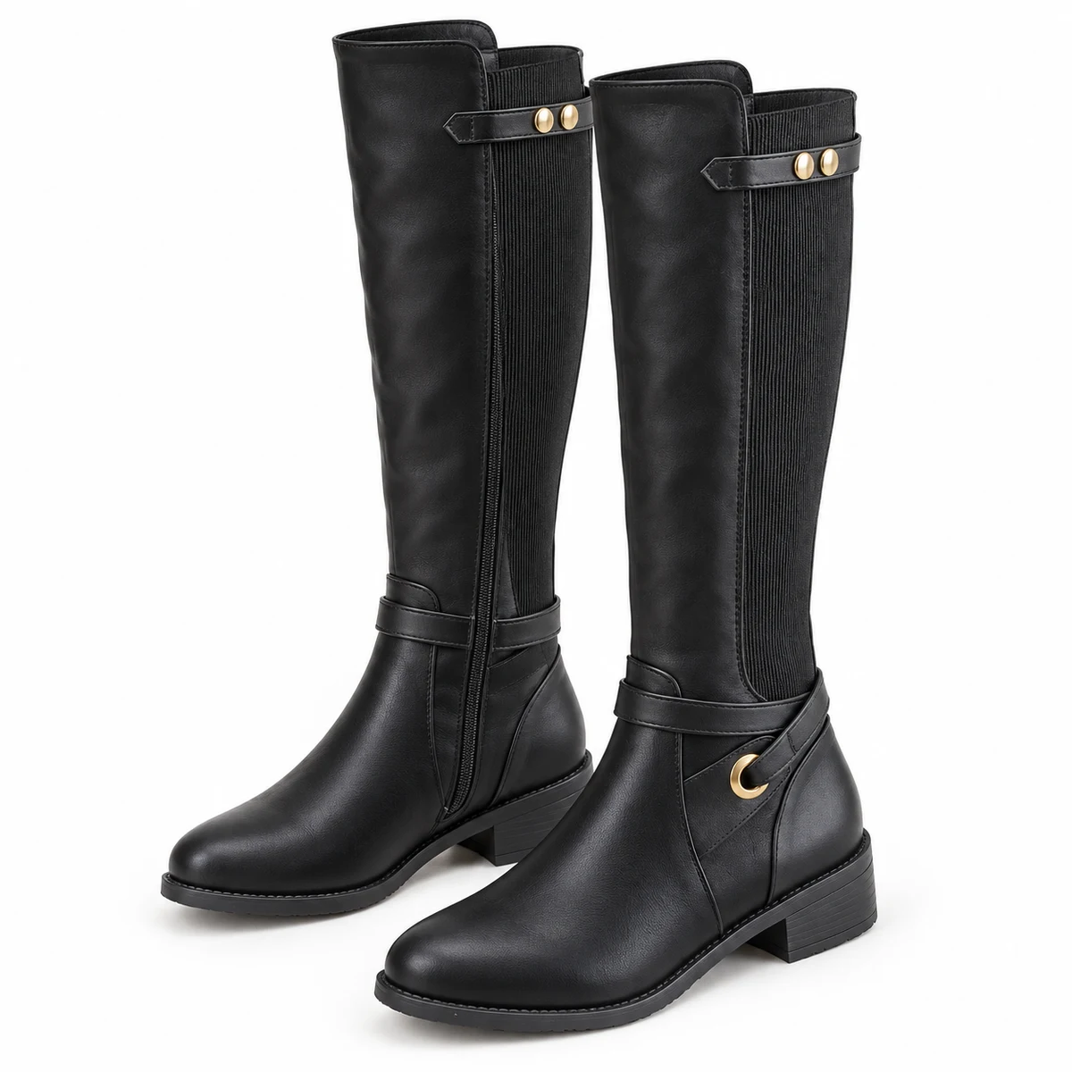 Bottes femme noires à empiècements et anneau doré