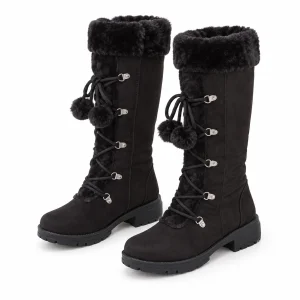 Bottes noires à laçage croisé et col fourré pour femme