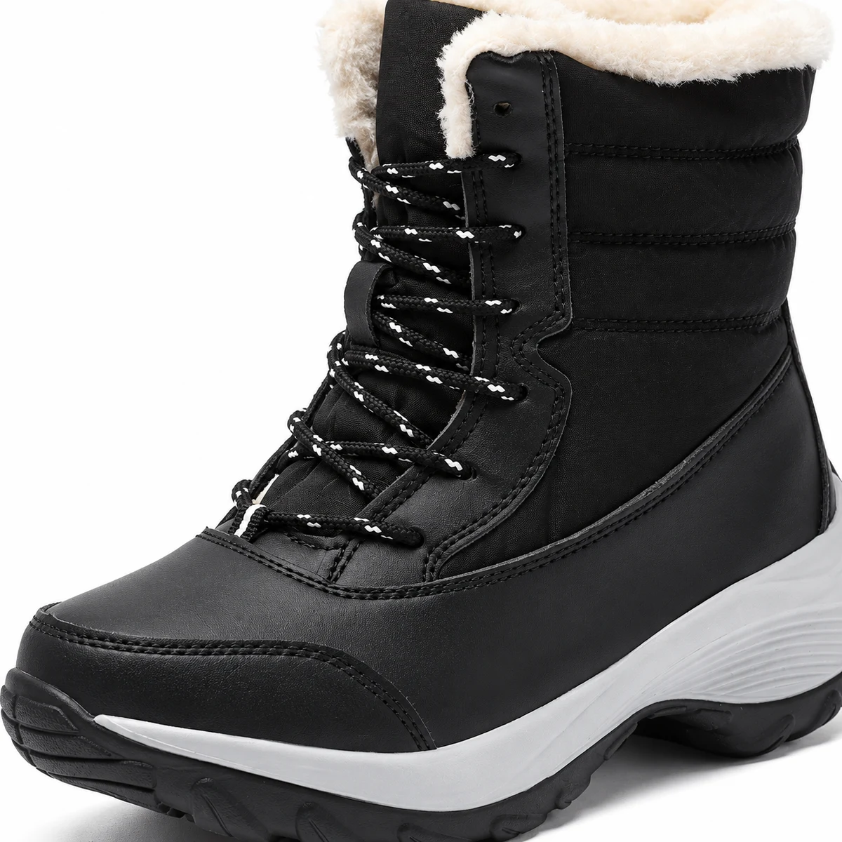 Chaussures femme stylées avec lacets noirs et col fourré blanc
