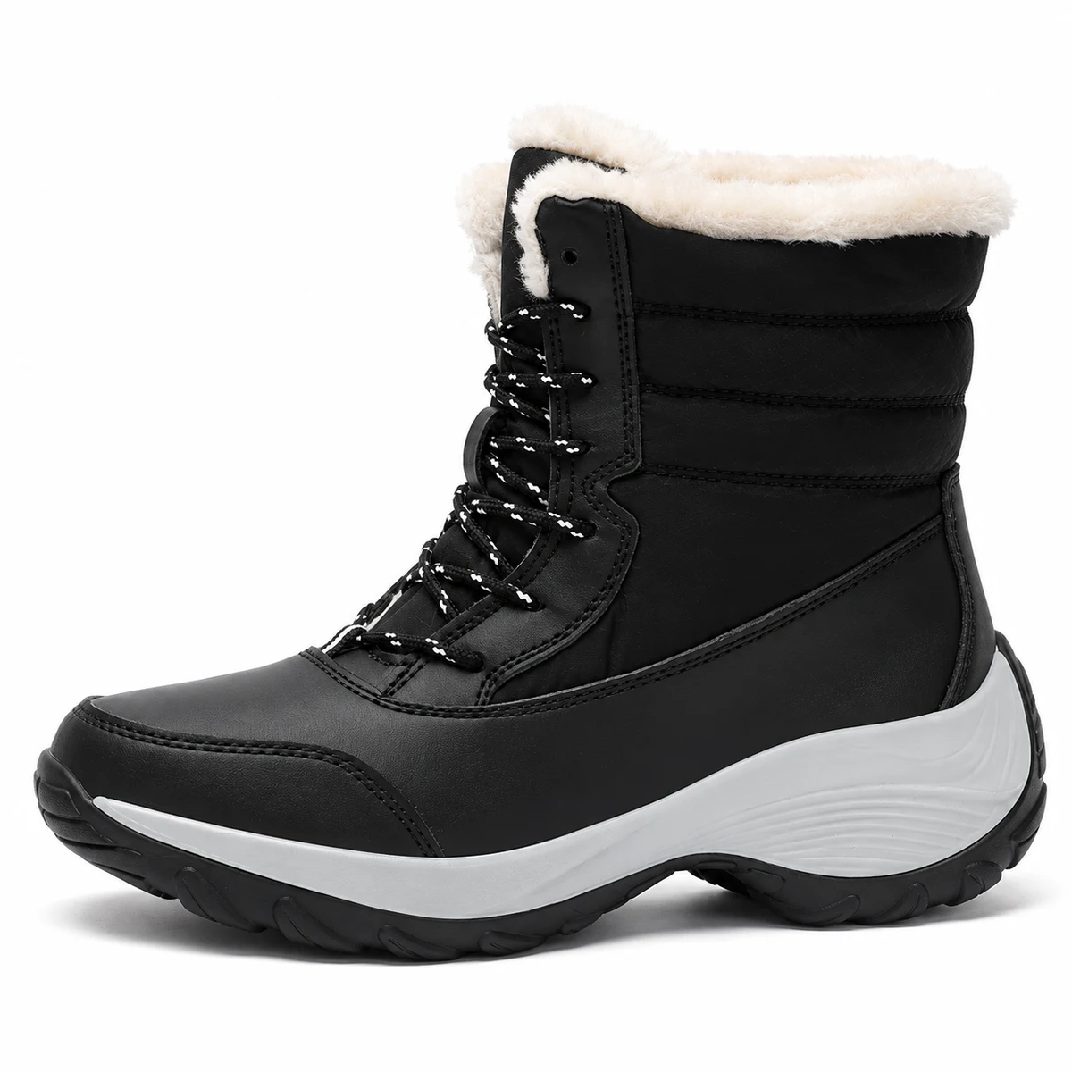 Bottes à lacets noires pour femmes avec doublure col fourré blanc