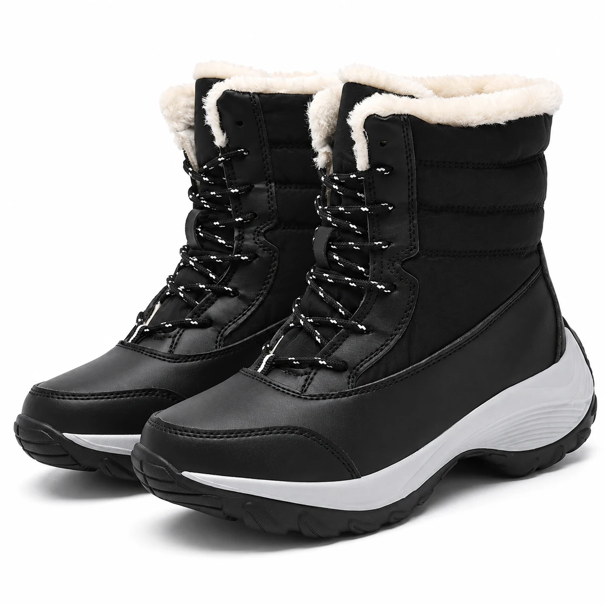Bottes femme noires à lacets avec col fourré blanc élégantes