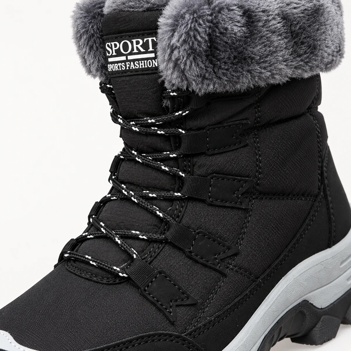Chaussures femme élégantes en bottes noires à lacets avec revers gris