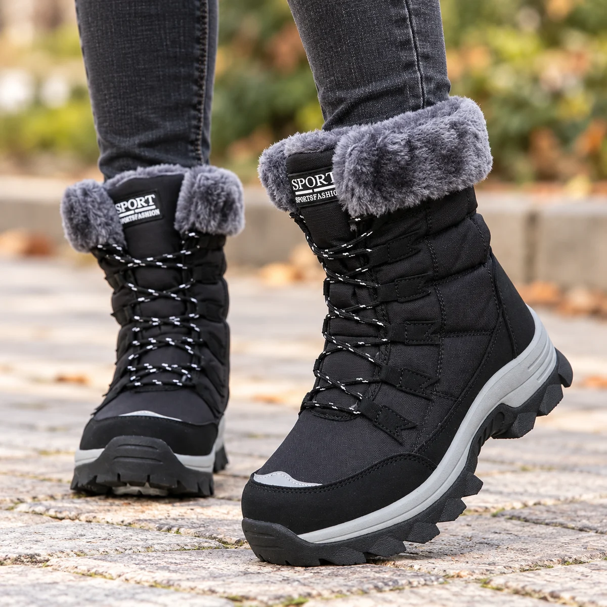 Détail des bottes noires à lacets pour femmes avec revers gris tendance