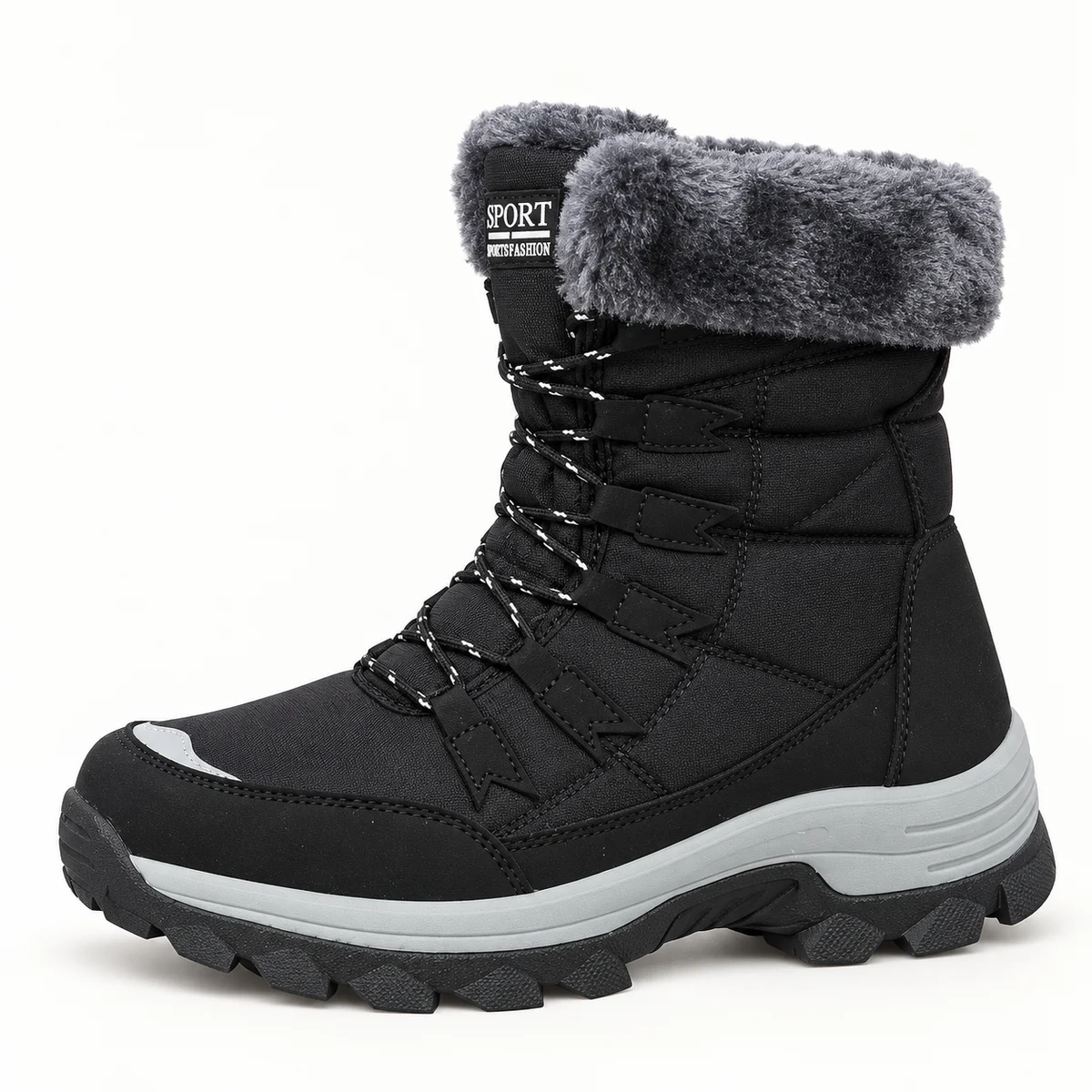 Vue rapprochée des bottes noires à lacets et revers gris pour femme