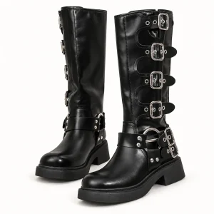 Bottes femme noires avec quatre boucles et lacets élégantes