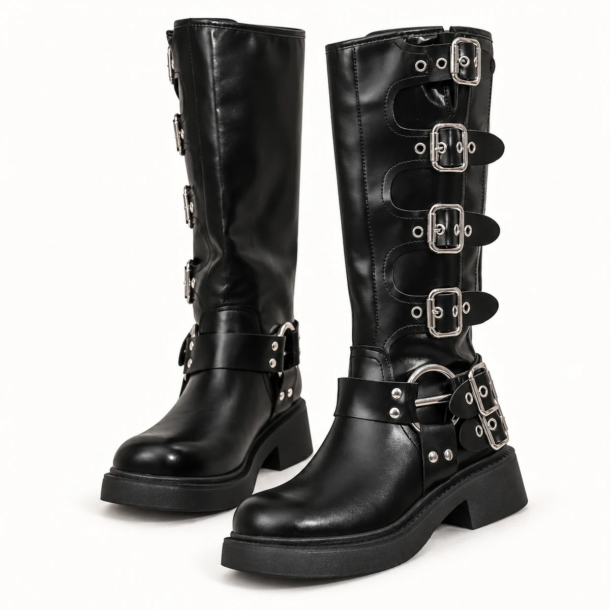 Bottes femme noires avec quatre boucles et lacets élégantes