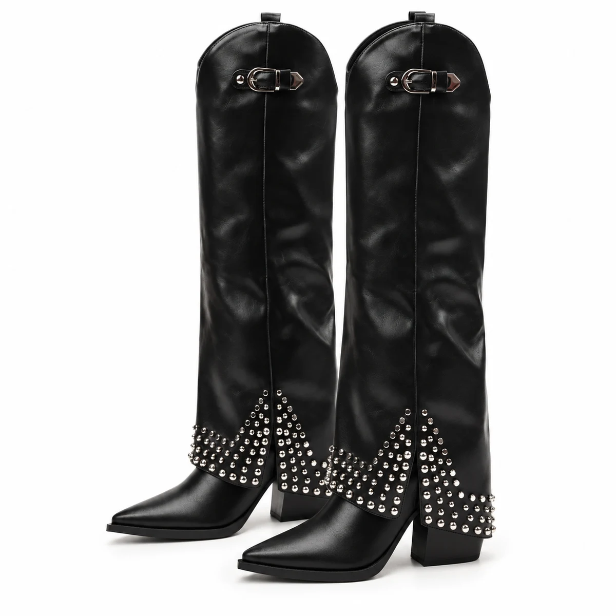 Bottes femme noires à rivets et talon carré
