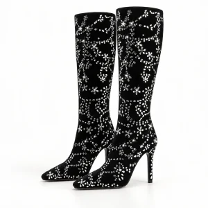 Bottes noires à strass avec talon aiguille pour femme élégante