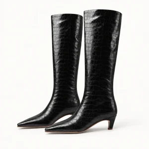 Bottes femme noires effet croco avec talon bas effilé élégantes