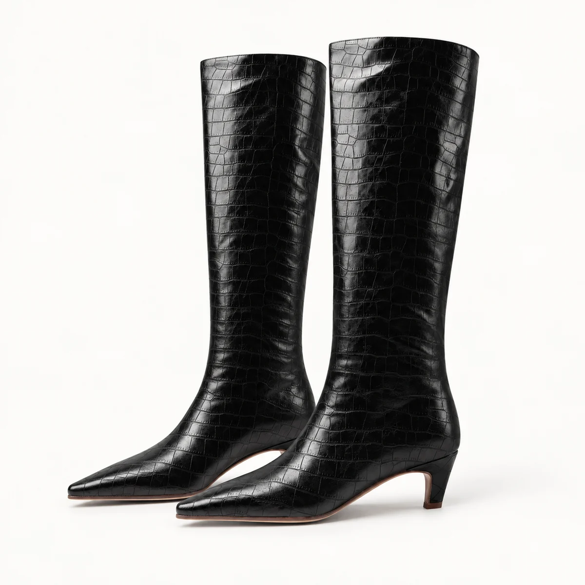 Bottes femme noires effet croco avec talon bas effilé élégantes