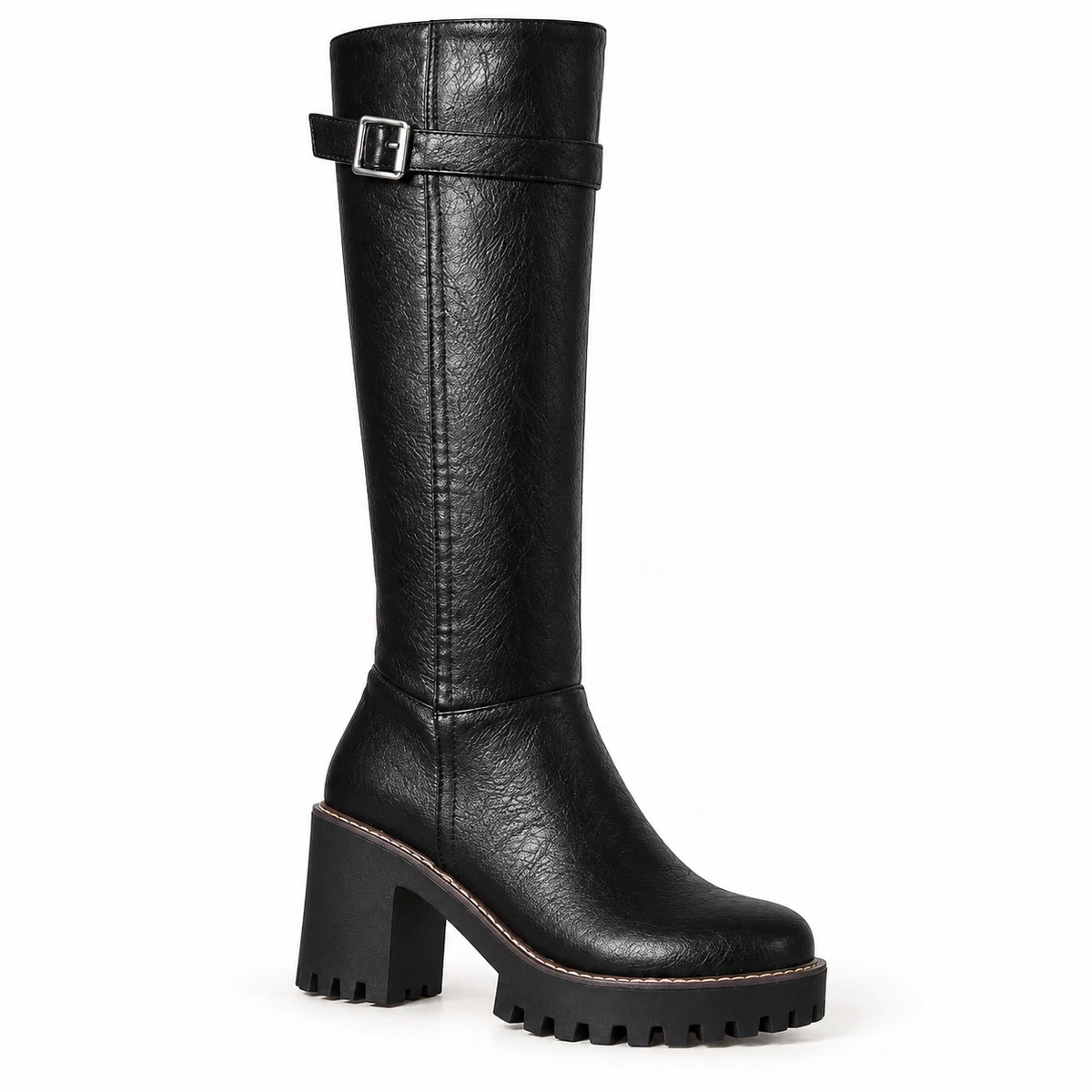 Bottes femme noires effet croco à talon carré – Image 3