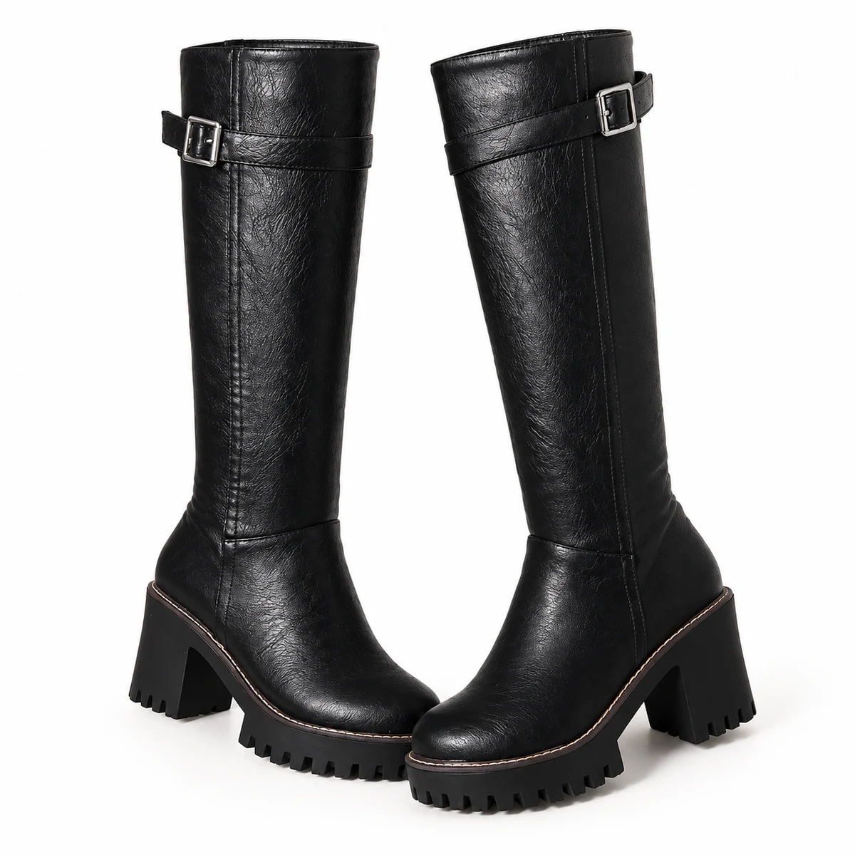 Bottes femme noires effet croco à talon carré