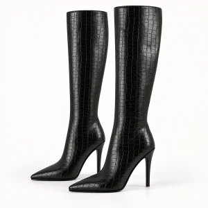 Bottes femmes noires effet croco avec talon fin élégantes