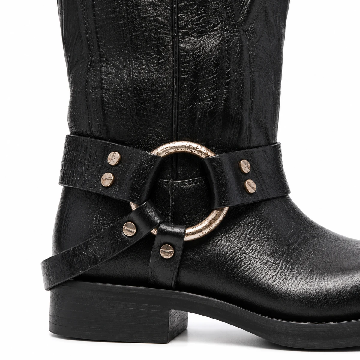 Chaussures élégantes femme en denim noir avec design harnais et boucle anneau