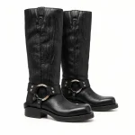 Bottes noires femme effet denim avec harnais et anneau stylé