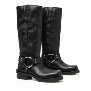 Bottes noires femme effet denim avec harnais et anneau stylé
