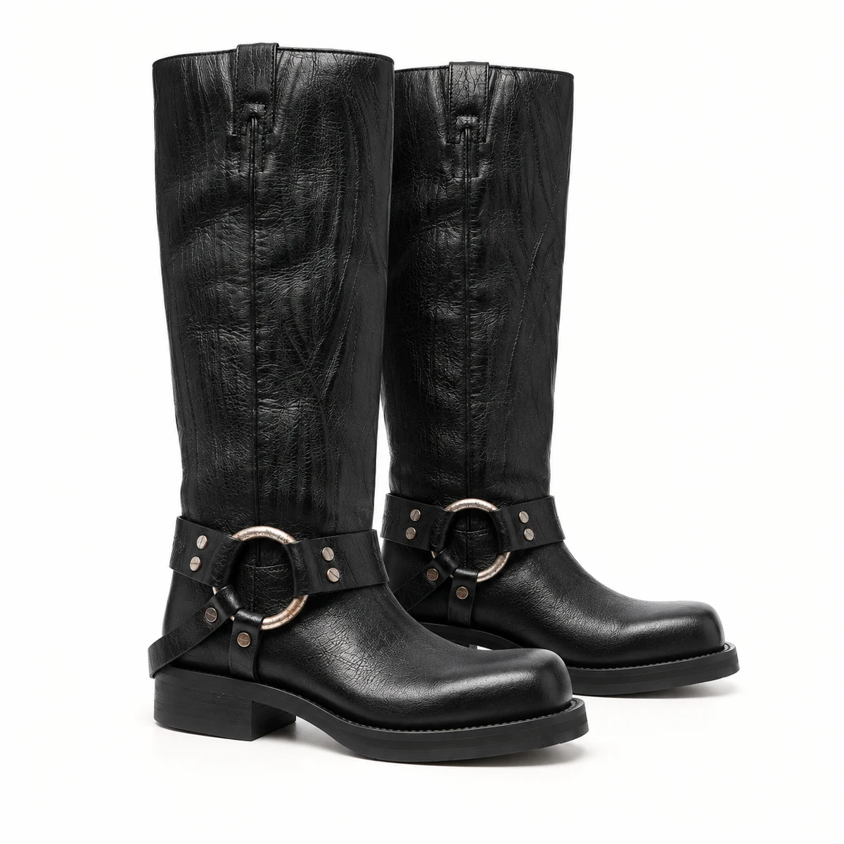 Bottes noires femme effet denim avec harnais et anneau stylé