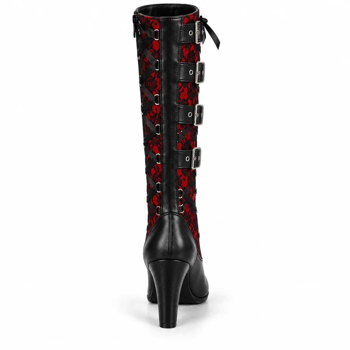 Vue de face des chaussures gothiques noires et rouges à lacets pour femme